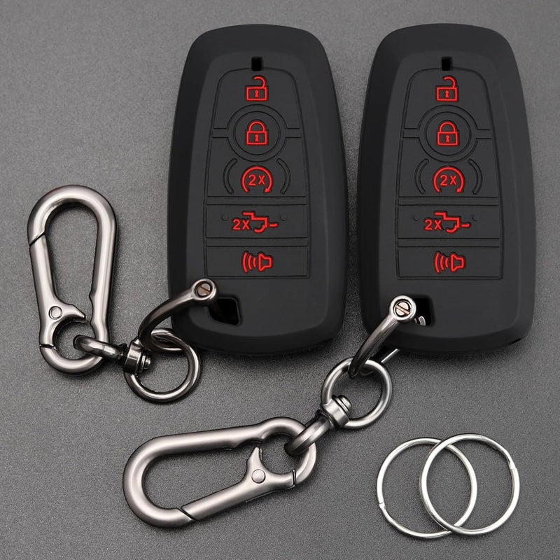 TANDRIVE Key Fob Cover for 2026 2025-2017 Ford F150 F250 F350 F450 F550 F650 F750, 5 Button, Silicone, 2-Pack, Red Button, Black and Black - Image 1